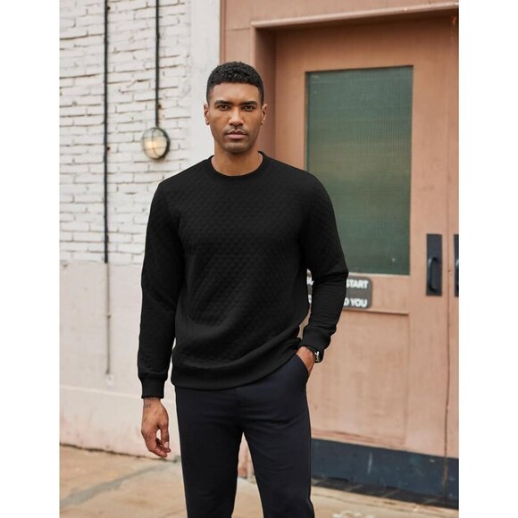 Coofandy Men Black Crewneck Geometric Texture Long Sleeve Sweatshirt - Picture 2 of 5